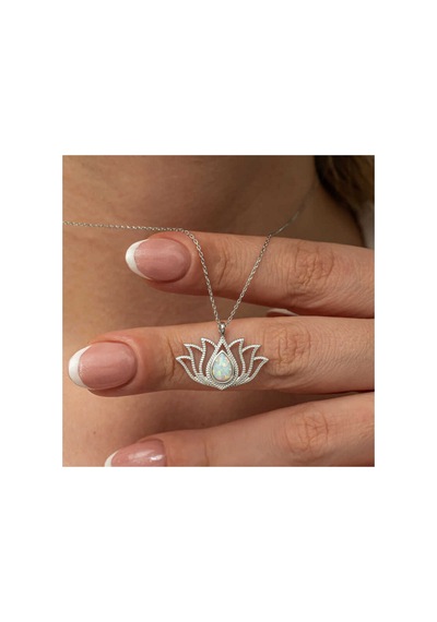 Gümüş Beyaz Opal Taşlı Lotus Kadın Kolye Gümüş Gümüş