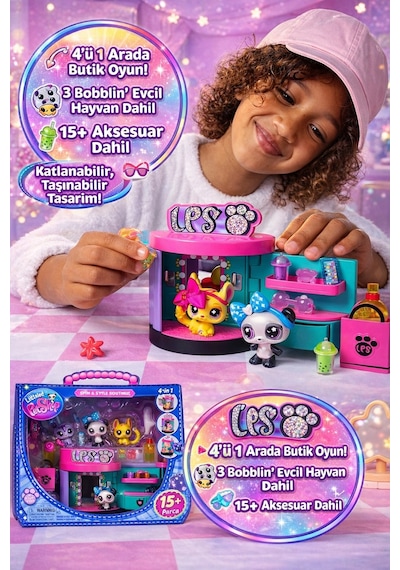 Littlest Pet Shop Spin & Style Boutique 4'ü 1 Arada 3 Figür 15+ Aksesuar Butik Oyun Seti Taşınabilir
