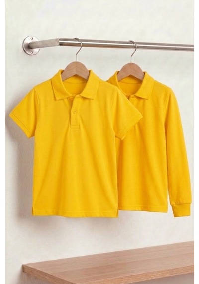 Nacar Store Unisex Çocuk Uzun Ve Kısa Kollu Polo Yaka Okul Tişörtü 2'li Set Koyu Sarı