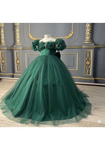 Star Kids Fashion Kız Çocuk Zümrüt Yeşili Kelebek Detaylı Prenses Elbise, Kız Çocuk Abiye Elbise Yeşil
