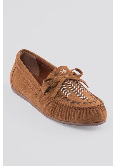 Kadın Süet Loafer Nakışlı Bağcıklı Ayakkabı Talina Taba Taba