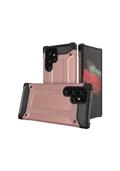 Ekılıf - Samsung Galaxy S22 Ultra Uyumlu Kılıf Çift Katman Zırh Tank Crash Military Kapak - Rose Gold