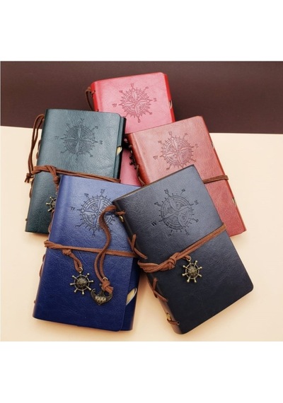 Küçük Boy Pusula Baskılı Deri Defter