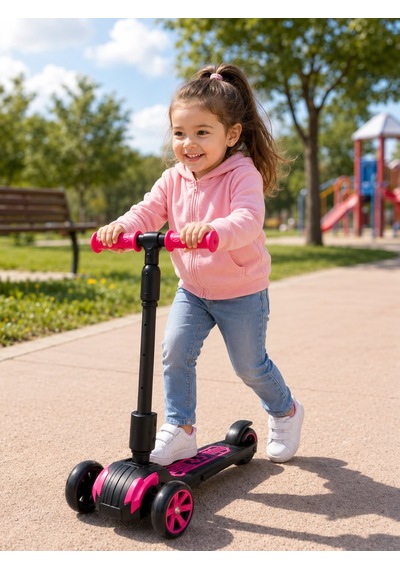 Combo Oturaklı 3 Tekerlekli Katlanabilir Led Işıklı Scooter Pembe