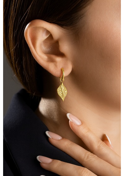 Çekirdekjewelry Işıklı Hediye Kutulu 925 Gümüş Gümüş Yaprak Tasarım Küpe Sarı
