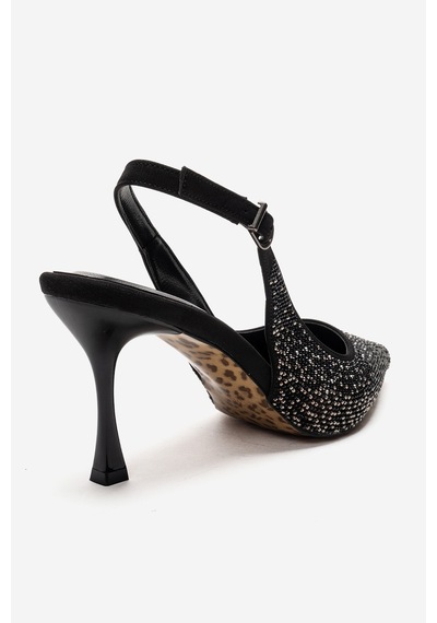 Luvishoes Johanna Siyah Platin Taşlı Kadın Topuklu Ayakkabı Siyah