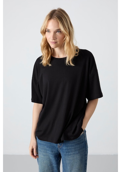Tommy Life Siyah Penye Modal Yumuşak Tuşeli Oversize Fit Basic Kadın T-shirt- 97285 Siyah