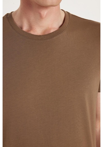 Tudors Unisex Slim Fit Dar Kesim %100 Pamuk Yumuşak Dokulu Kahverengi Bisiklet Yaka Tişört-34607 Kahverengi