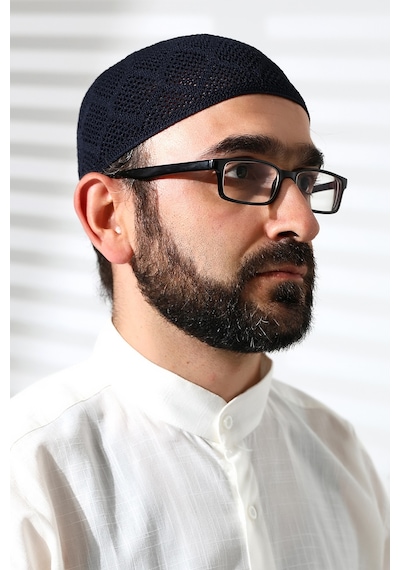 Makine Örgüsü Dantel Detaylı Namaz Takkesi Lacivert Lacivert