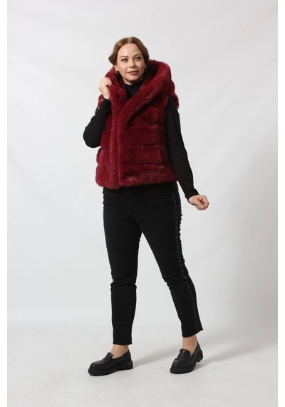 Moda Berray Etekten Kısalabilen Kapüşonlu Lüks Suni Kürk Yelek Bordo