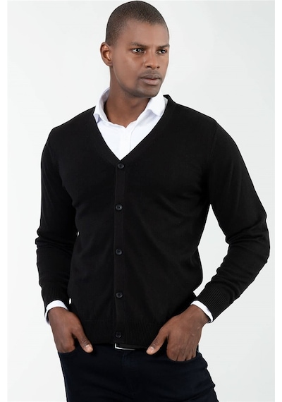 Tudors Slim Fit Dar Kesim Düğmeli Düz Pamuk Erkek Hırka-12697 Siyah