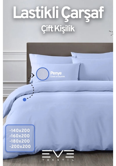 Eve Tekstil Fitted Yüksek Kaliteli Penye Kumaş Çift Kişilik Lastikli Çarşaf Mavi
