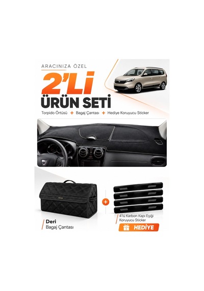 Dacıa Lodgy 2010-2017 Uyumlu Torpido Örtüsü + Deri Bagaj Çantası + Sticker Seti - Siyah