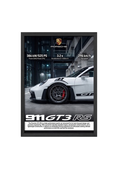 Porsche 911 Gt3 Siyah Ahşap Çerçeveli Poster, Dekoratif Araba Duvar Tablosu