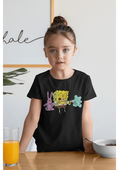 Sevbano Unisex Sporcu Süngerbob Baskılı Çizgi Film Çocuk Tişört 1-12 Yaş Siyah