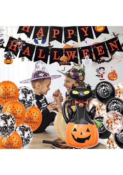 Halloween Kedili Balkabağı Folyo Balon 97x66 Cm
