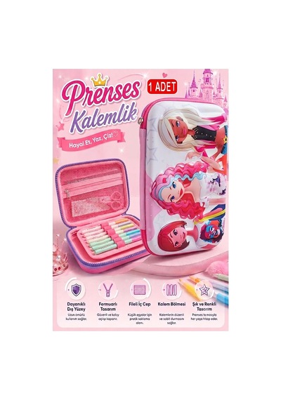 Prenses Kabartmalı Bölmeli Kalemlik 1 Adet P-5984 Kız Çocuk Okul Kalem Kutusu 3 Boyutlu Fermuarlı Hediyelik Kırmızı