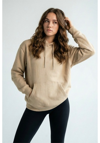 Hoxie Unisex Rahat Kesim Pamuklu Yumuşak Dokulu İçi Polarlı Basic Desenli Kapüşonlu Sweatshirt Bej