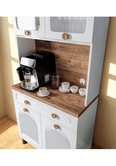 Bohem Mini 93 Cm Kahve Köşesi Ve Çok Amaçlı Mutfak Dolabı Ceviz - Beyaz