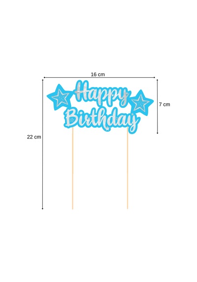 Mavi Gümüş Yıldız Temalı Happy Birthday Kaligrafi Pasta Üstü Süs Tüm Yaşlar