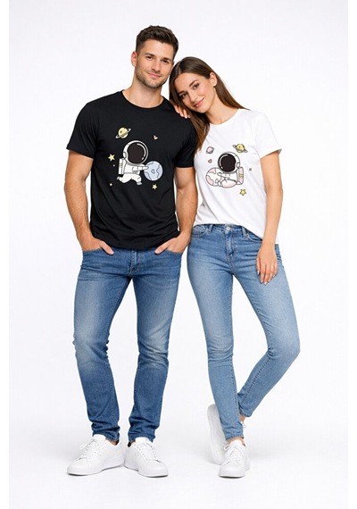 Sevgili Kombini Astronot Baskılı Çift Tişört Oversize Unisex Partner Tişört 2 Li Set Çok Renkli