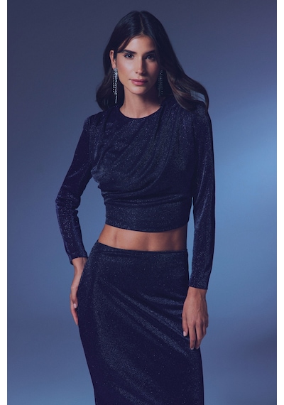 Sateen Vatkalı Simli Bluz - Lacivert-135323 Lacivert