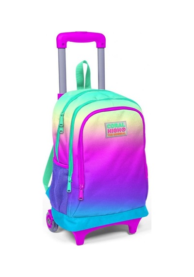 Coral High Pembe Yeşil Mavi Kız Çocuk Çekçek Çanta Seti - Işıklı Tekerlekler