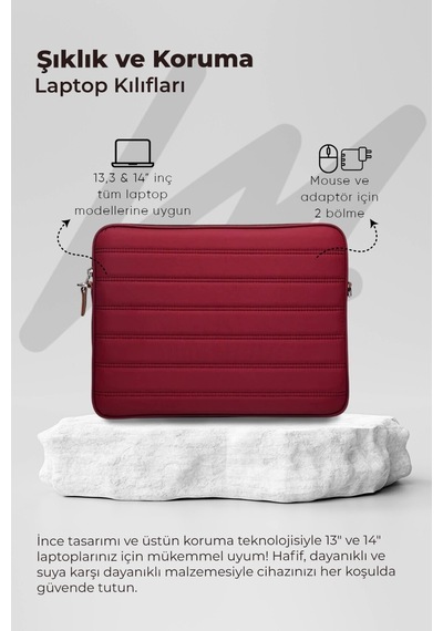 Mussen Laptop Kılıfı Su Geçirmez Macbook Neo Air Pro 13-14 İnç Bordo Bordo