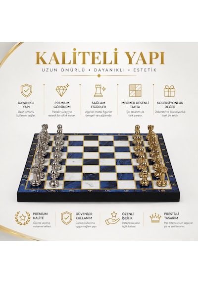 Lüks Metal Satranç Takımı Krom Figürlü 20 X 20 Cm Mavi Mermer Desenli Dekoratif Özel Hediye Seti