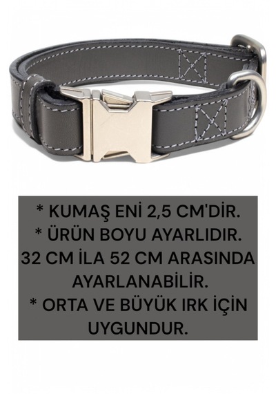 Hakiki Deri Köpek Boyun Tasması, Kişiye Özel Künyeli Lux Seri Gr Gri