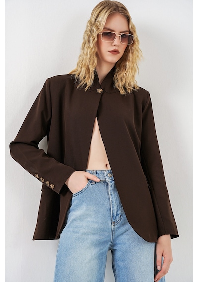 Bigdart Kadın Tek Düğmeli Oversize Blazer Ceket 0749 - Kahverengi