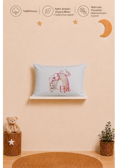İsme Özel Kız Bebek Yastık Kılıfı 35x45 Cm %100 Pamuk Organik Baskılı İsimli Bebek Hediyesi 1048y