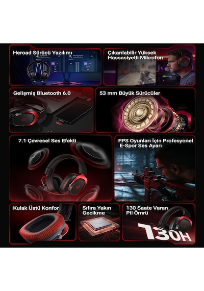 Heroad Vt200 6.0 Gaming Oyuncu Kulaklığı 53 Mm - Protein Deri 7.1 Surround 3 Mod 3.5mm, 2.4ghz, Bt