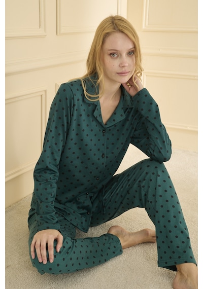 Mihra Kadın Pijama Takımı Uzun Kol Önden Düğmeli Mevsimlik Yeşil