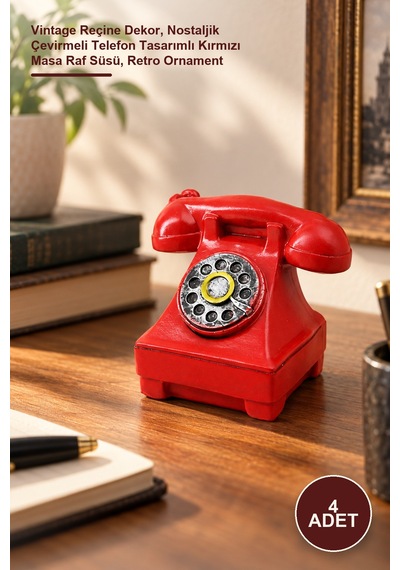 4 Adet Ankesörlü Telefon Biblosu Vintage Reçine Dekor, Nostaljik Çevirmeli Telefon Tasarımlı Kırmızı Masa Raf Süsü, Retro Ornament