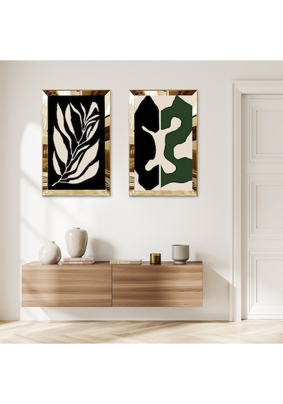 Gold Aynalı Pleksi Çerçeveli Soyut Şekiller İkili Mdf Tablo Seti