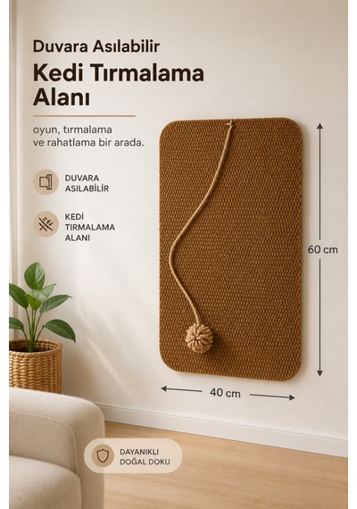 Duvara Yapışan Oyuncaklı Kedi Tırmalama Halısı Ve Oyun Alanı 40x60 Cm
