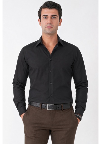 Siyah %100 Pamuklu Nefes Alabilir Kolay Ütülenebilir Uzun Kollu Slim Fit Gömlek Gk 766
