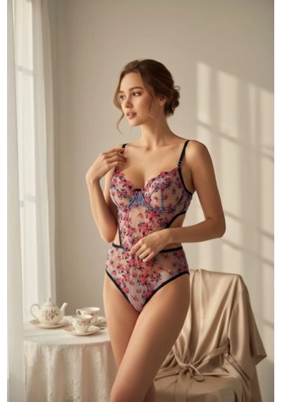 Arona Kadın Transparan Çiçek Desenli Tül Siyah Bodysuit Siyah Çiçekli