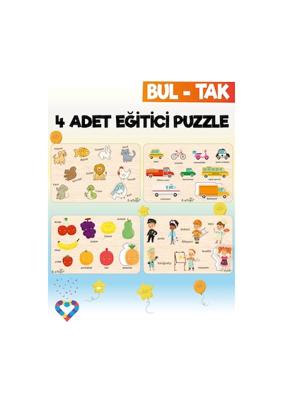 Ahşap Çocuk Puzzle Hayvanlar Taşıtlar Meslekler Ve Meyveler 4 Adet