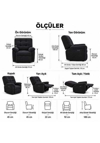 Smarto Relax Porto Masajlı Elektrikli Döner Sallanan Tv Koltuğu Kontrol Panelli Ergonomik Polyester Baba Koltuğu Siyah