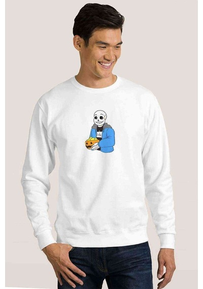 Undertale Lemons Eıon Baskılı Beyaz Erkek Örme Sweatshirt