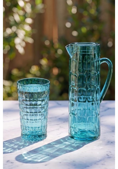 Akrilik Allegra Aquamarin 7 Parça Su Meşrubat Kahve Yanı Bardağı 750 Ml Ve Akrilik Allegra Aquamarin 1,5 Lt Sürahi Cam Değildir Turkuaz