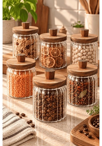 Atbyhome 6'lı Akasya Ahşap Kapaklı Çizgili Cam Kavanoz 450 Ml - Vakumlu Baharat Ve Erzak Seti Ahşap - Şeffaf