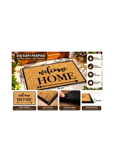 Dış Kapı Paspası 40x70 Cm Dijital Baskılı Kaymaz Pvc Plastik Tabanlı Kapı Önü Paspası Kahverengi6 - 937348033 Kahverengi6
