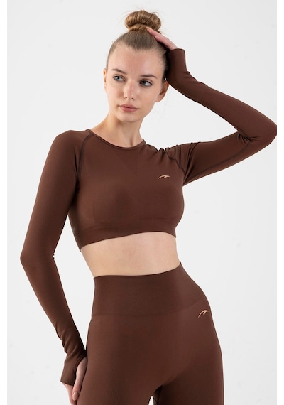 Maraton Active Slimfit Kadın Bisiklet Yaka Uzun Kol Training Sepya Crop Top 816005 Kahverengi