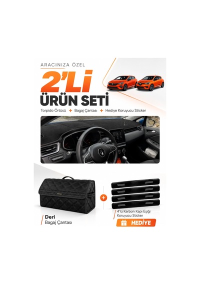 Renault Clıo 5 2019-2026 Uyumlu Torpido Örtüsü + Deri Bagaj Çantası + Sticker Seti - Siyah