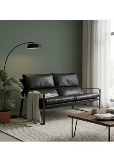 Sller Modern İkili Koltuk - Loft Tasarım Deri/kumaş Bahçe Ve Balkon Kanepesi - Metal İskeletli 130 Cm Siyah