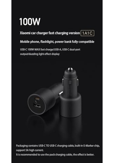 Xiaomi Mi 100w Hızlı Araç Şarj Cihazı Cc07zm 1a1c Süper Hızlı Şarj, 5a E-marker Usb-c Kablo Dahil, Laptop Ve Macbook Uyumlu, Akıllı Renkli Led Göstergeli, Siyah