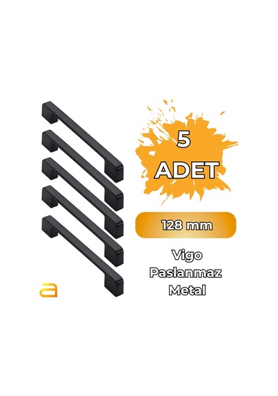5 Adet Vigo Siyah 128mm Paslanmaz Kulp Mobilya, Dolap Kulbu, Kulp Modeli Siyah 128 Mm